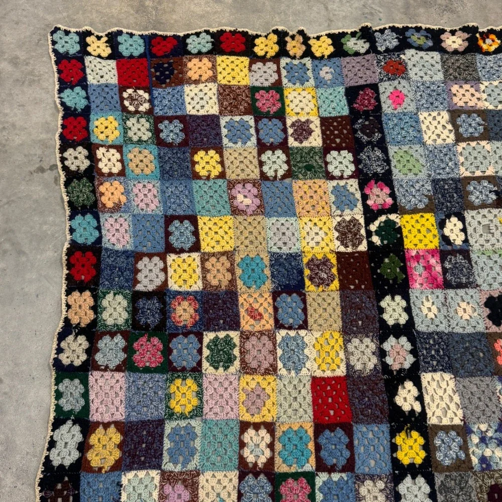 Vintage Handmade Granny Afgan Crochet Blanket Multi Color Patchwork Throw 78x65
